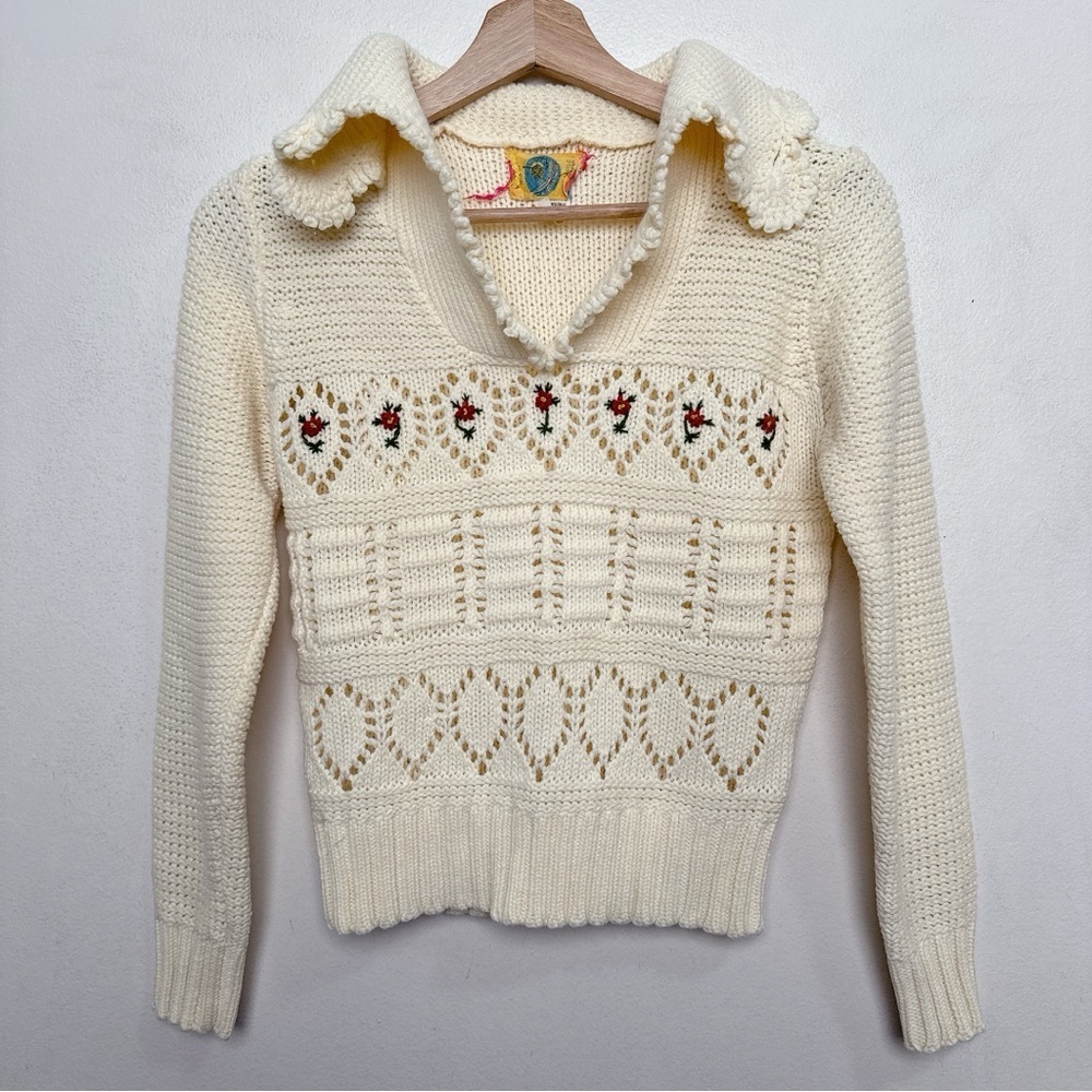 Beewear Womens Small Vintage Open Crochet Ivory Floral Collar Sweater - Picture 4 of 15